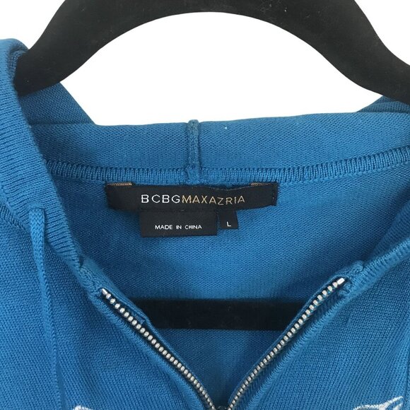 BCBGMaxAzria Blue Hooded Zip-Up Sweater Embroidered Letters Studded Size L Y2K - Picture 2 of 10